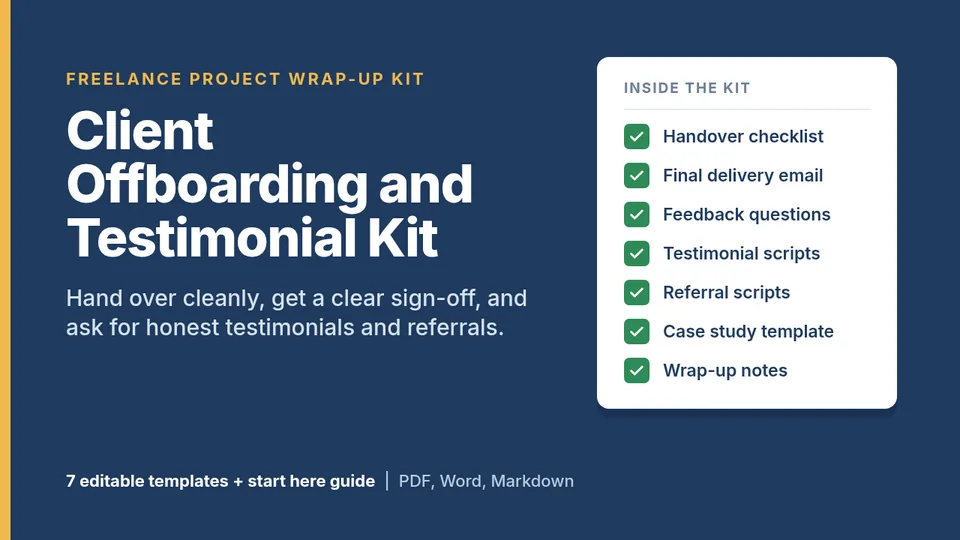 Client Offboarding and Testimonial Kit cover: handover checklist, final delivery email, feedback questions, testimonial scripts, referral scripts, case study template, wrap-up notes